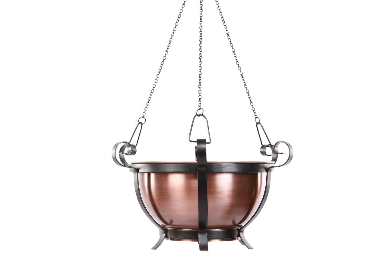 H Potter traditional Hanging Garden Planter in antique copper on white background with  black frame and black chain