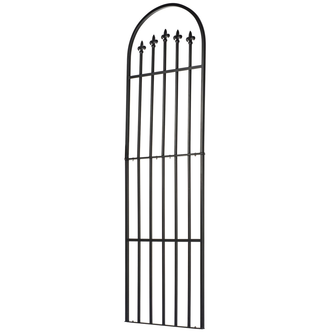 Side view close-up of welded joints on H Potter wrought iron trellis, durable black powder-coat finish