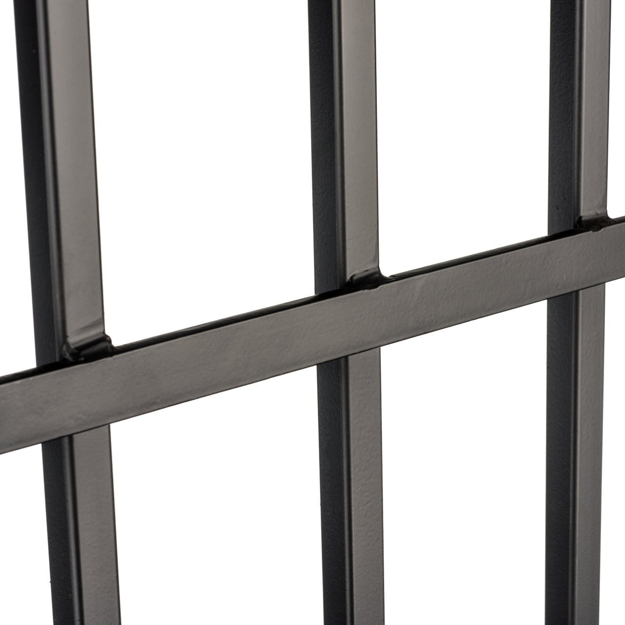 Macro detail of H Potter trellis welds, modern clean design in black powder coat