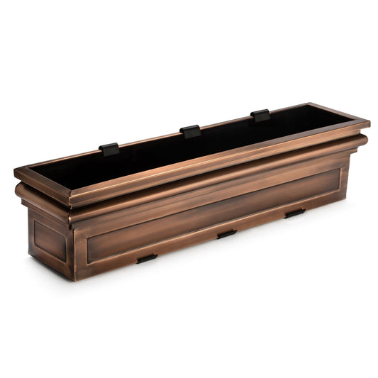 H Potter Williamsburg 36-inch antique copper window box planter with metal frame, front angle view