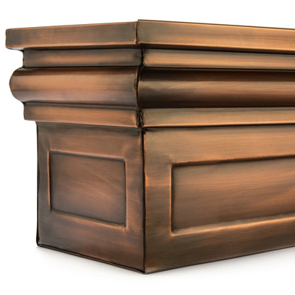 Close-up of H Potter Williamsburg 30 inch antique copper window box finish and panel detail