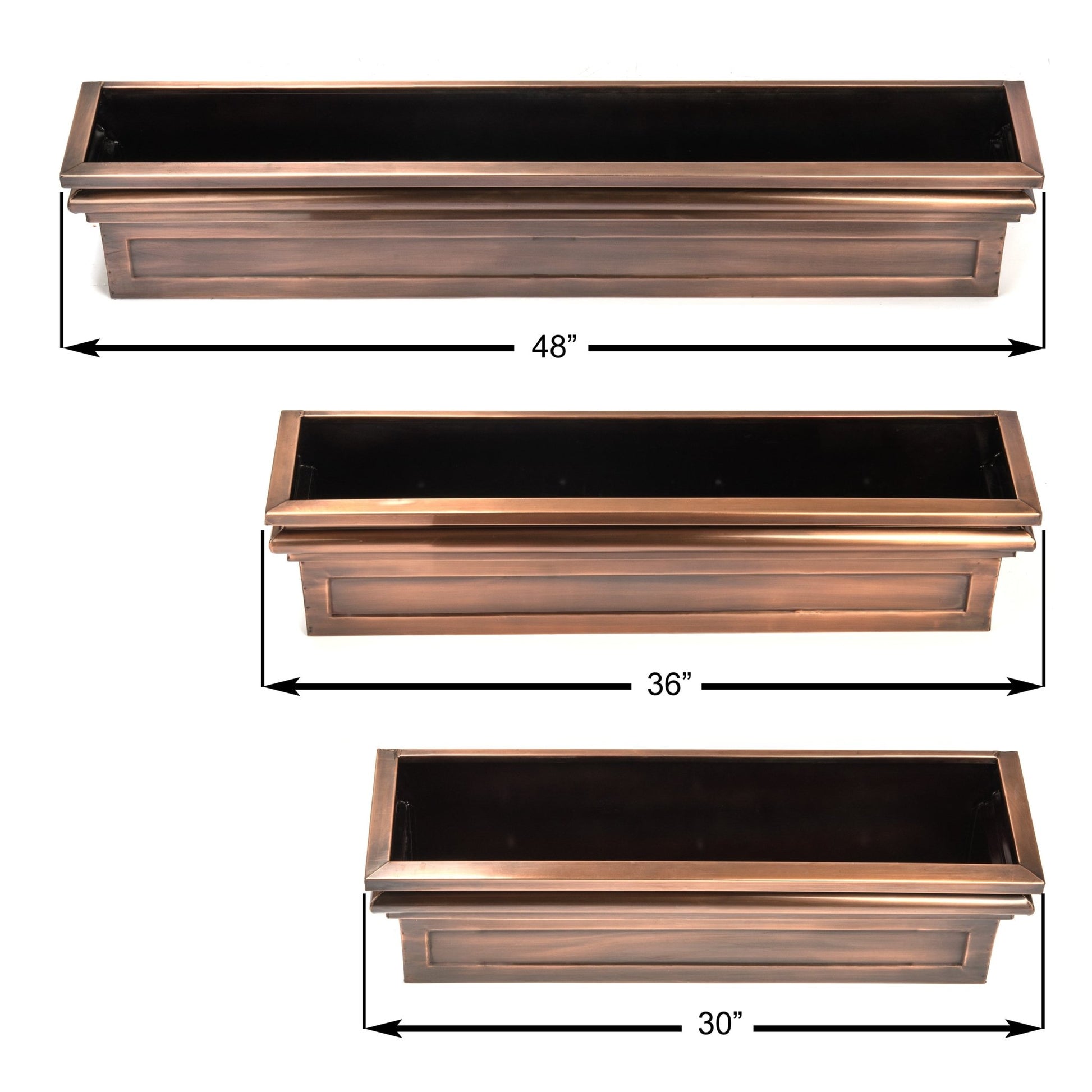 H Potter Williamsburg copper window box planters available in 30 36 and 48 inch sizes