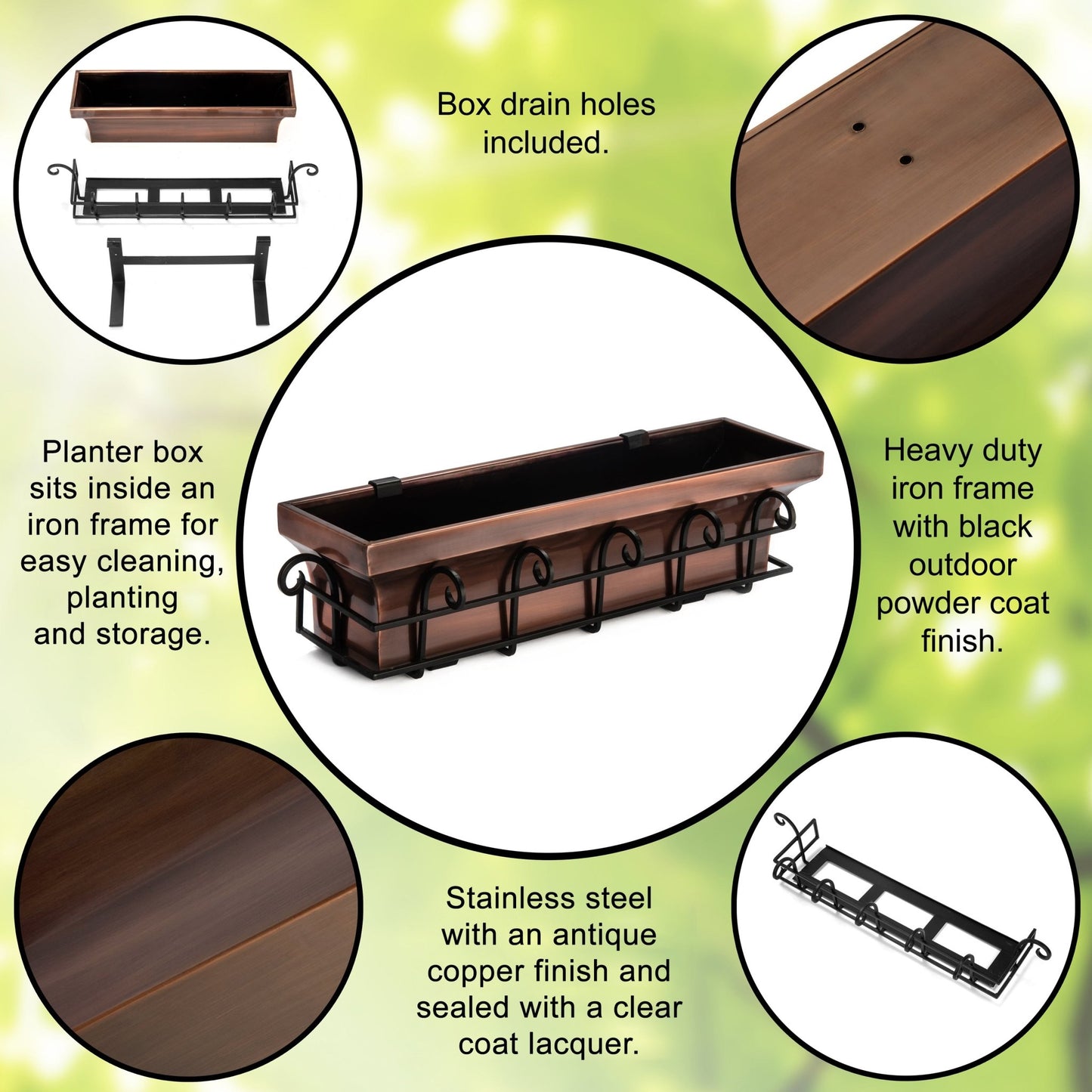 Features of H Potter antique copper window box showing scrolled frame drainage holes and mounting design
