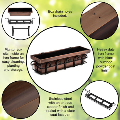 Features of H Potter antique copper window box showing scrolled frame drainage holes and mounting design