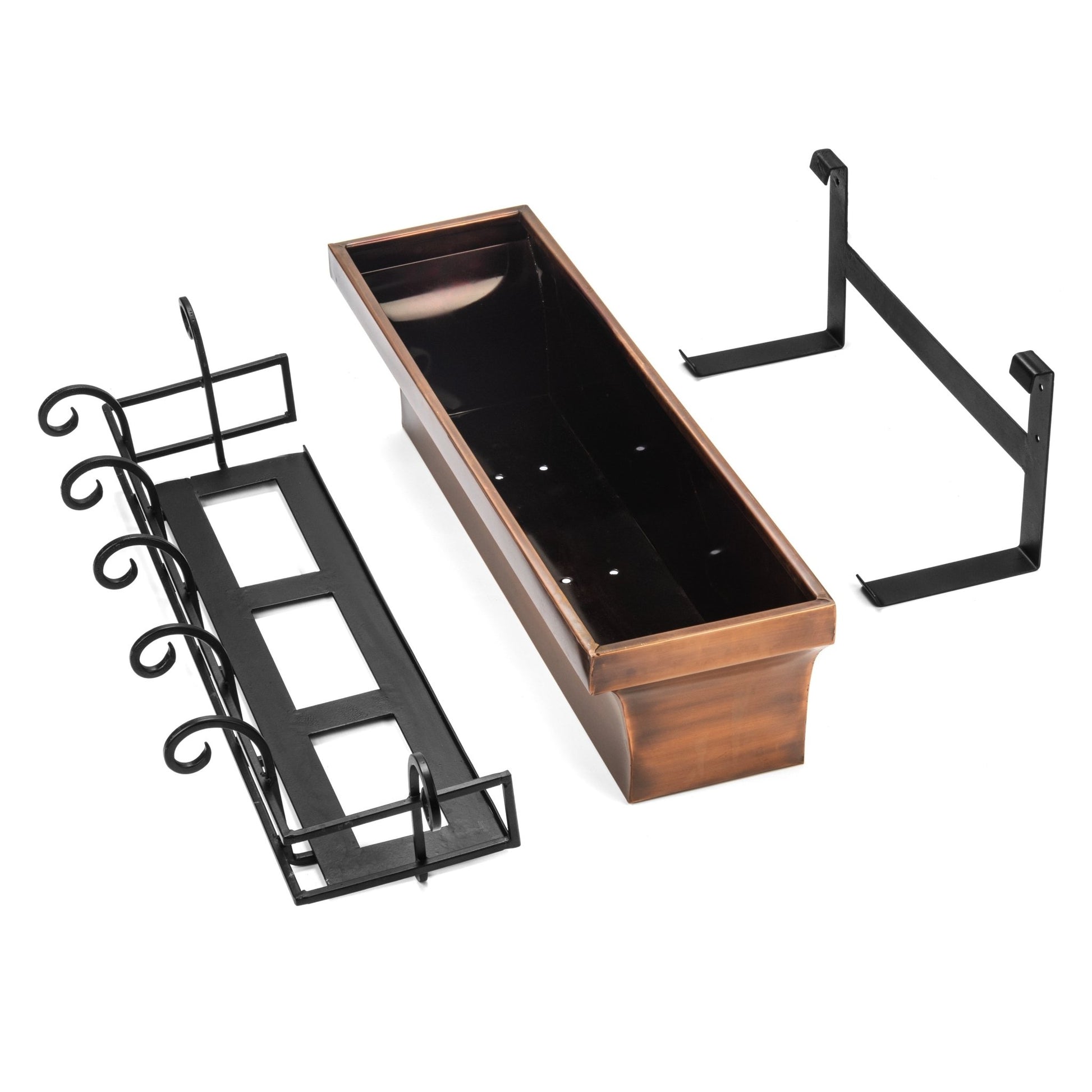 H Potter window box planter showing removable copper liner and mounting brackets