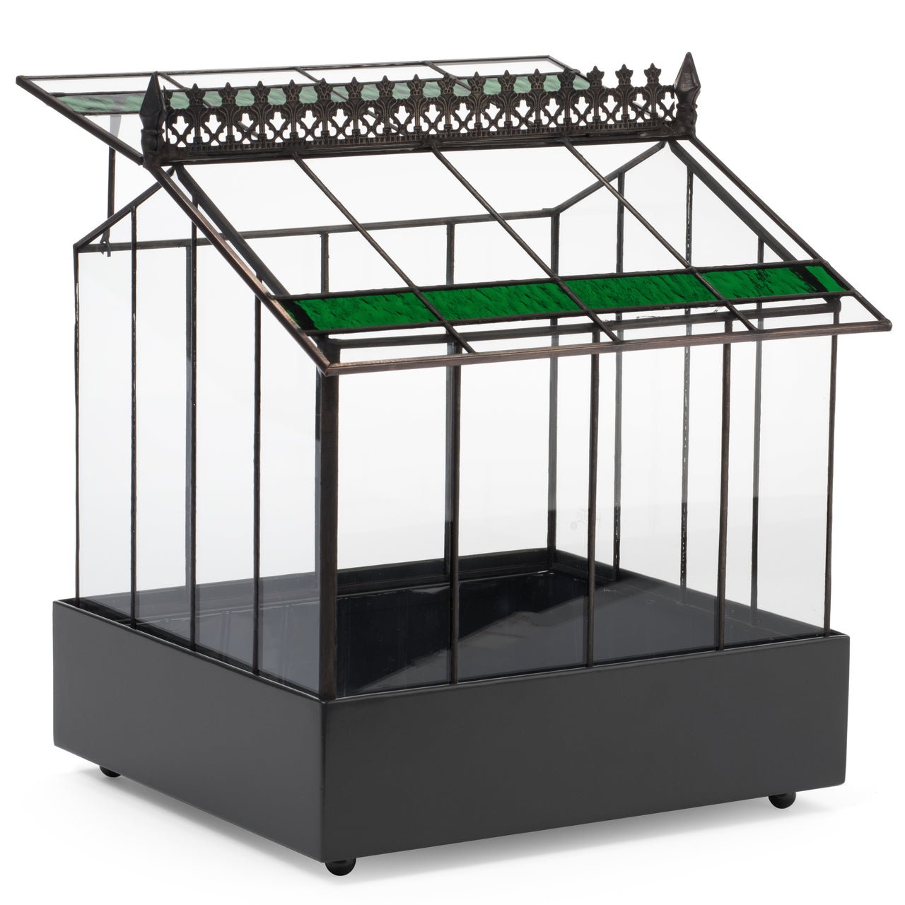 Close-up of the H Potter terrarium with the hinged glass roof propped open, demonstrating easy access for planting and maintenance