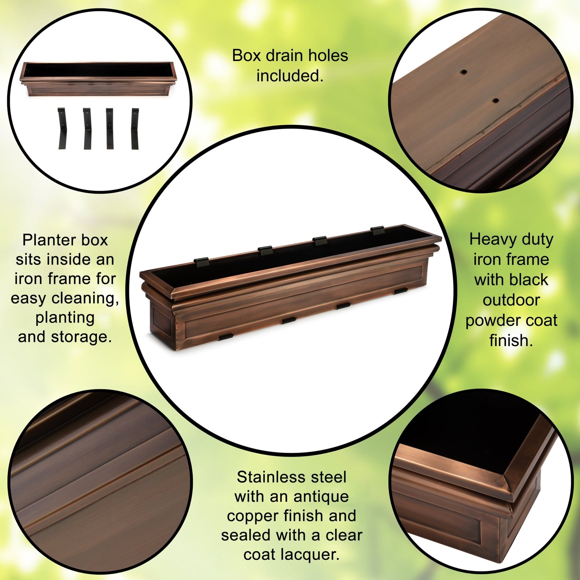 Feature graphic showing drainage holes, stainless steel box, and powder-coated frame details