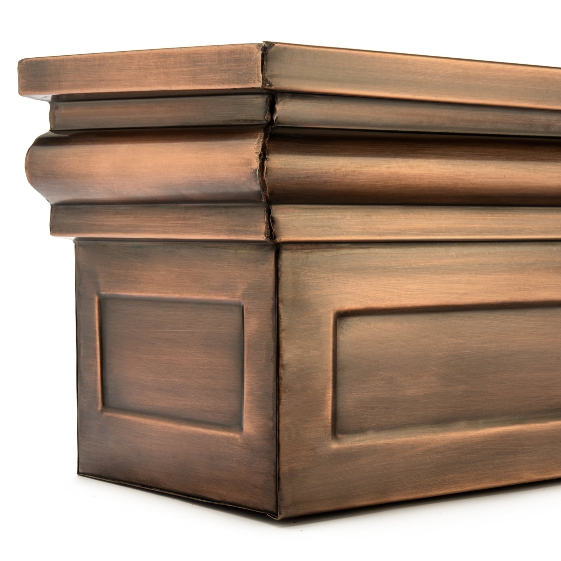 Close-up of the antique copper finish and panel detail on H Potter window box